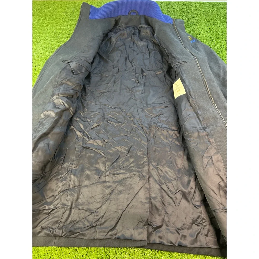 H&M Navy Blue Coat Jacket Zippered Pockets Long Sleeve Collared Swede Olympcs 48